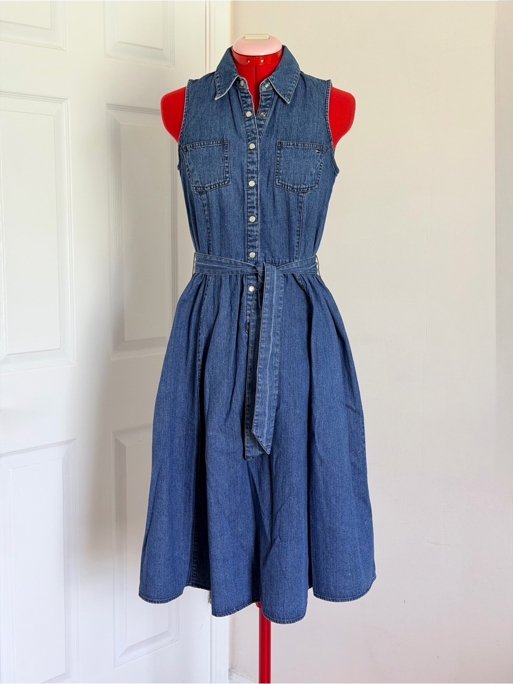 Tommy Hilfiger Sleeveless Denim Shirt Dress in Mid Blue